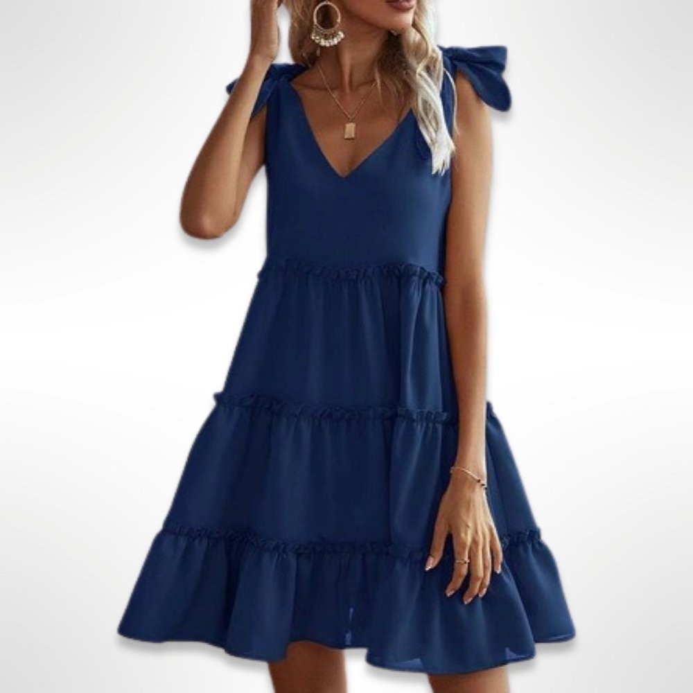 NEW! Navy Cute Tying Shoulder Tiered Mini Dress (XL Size)